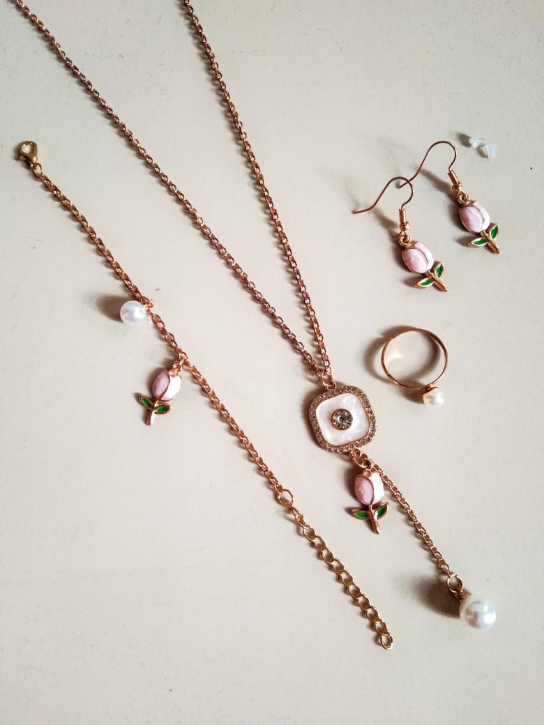 Pink Floral Pearl Multi-Piece Jewelry Set