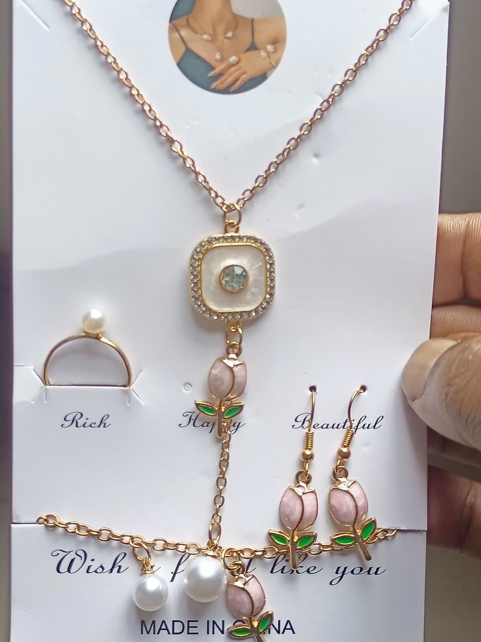 Pink Floral Pearl Multi-Piece Jewelry Set
