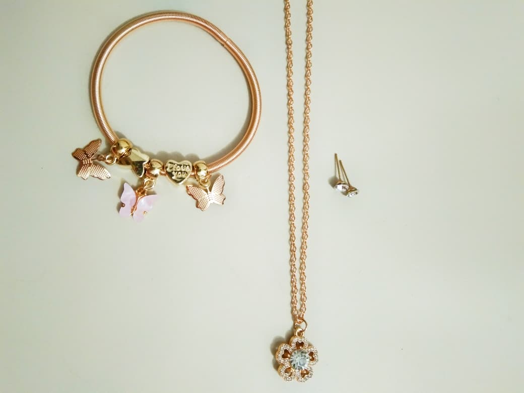 Rose Gold Butterfly Charm & Floral Crystal Jewelry Set