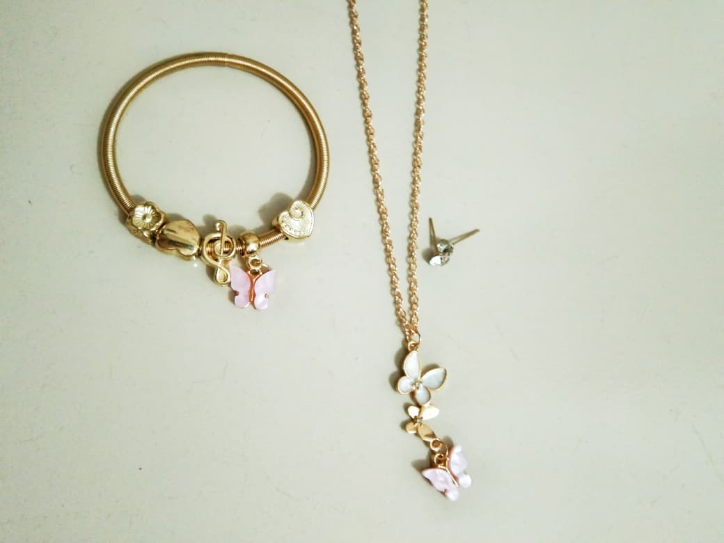 Golden Butterfly & Pink Stone Jewellery Set