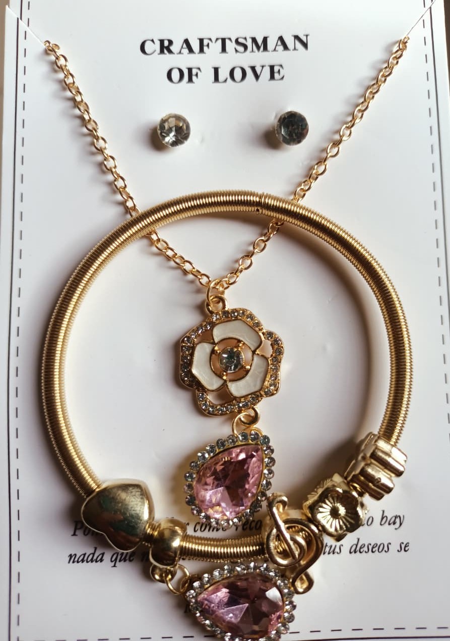 Gold-Tone Floral Pink Crystal Jewellery Set
