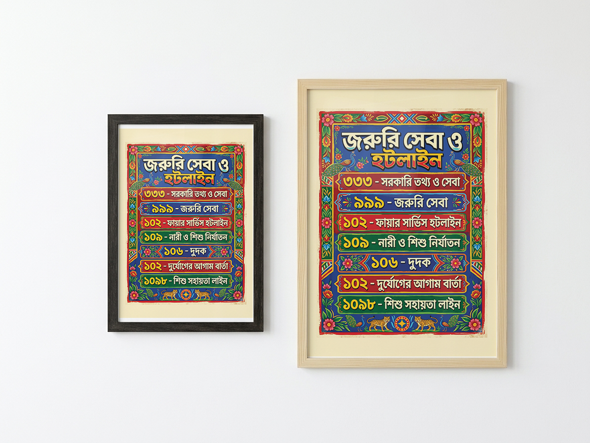Bangladesh Emergency Service Hotline Numbers Poster – Traditional Bengali Folk Art Print