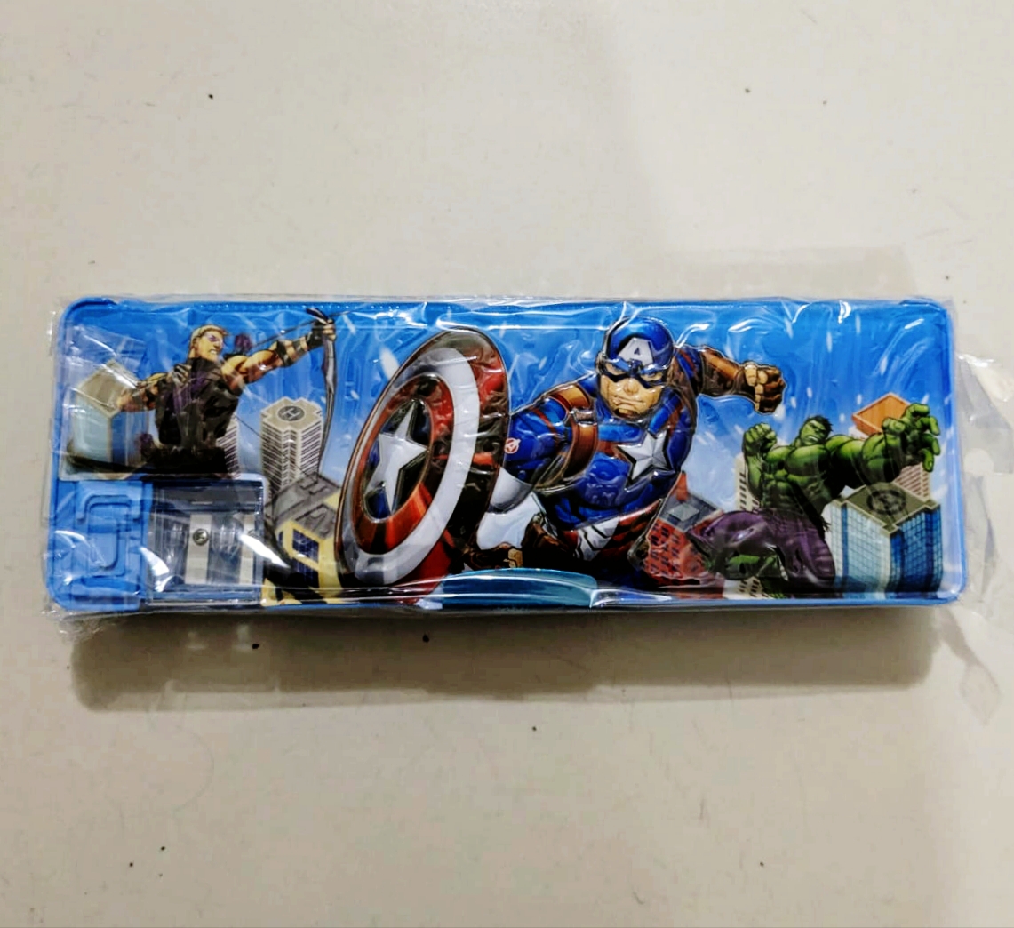 Avengers and Cute Cartoon Duel Sharpener Hole Kid's Multipurpose Both sided Megnatic Lock Plastic Pencil Box.