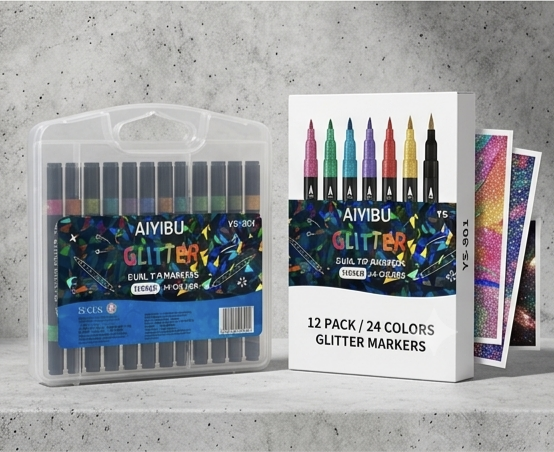 Duel Tip Glitter Marker Set of 12 from the Brand Aiyibu. 