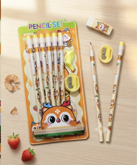 6 Pieces Pencil Stationary Gift Set with Sharpener and Eraser.