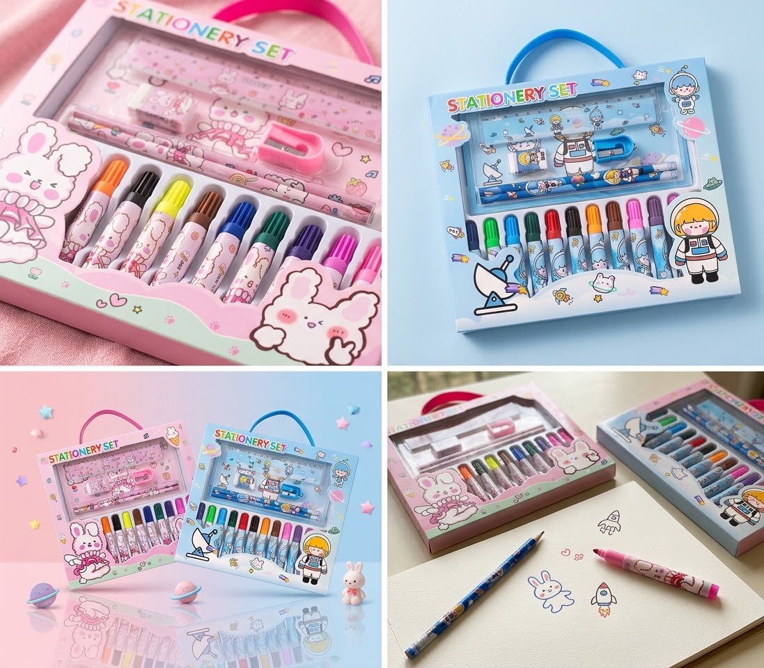 18 pieces All-in-One Kids Stationary Gift Sets with 12 Marker Pen and More.