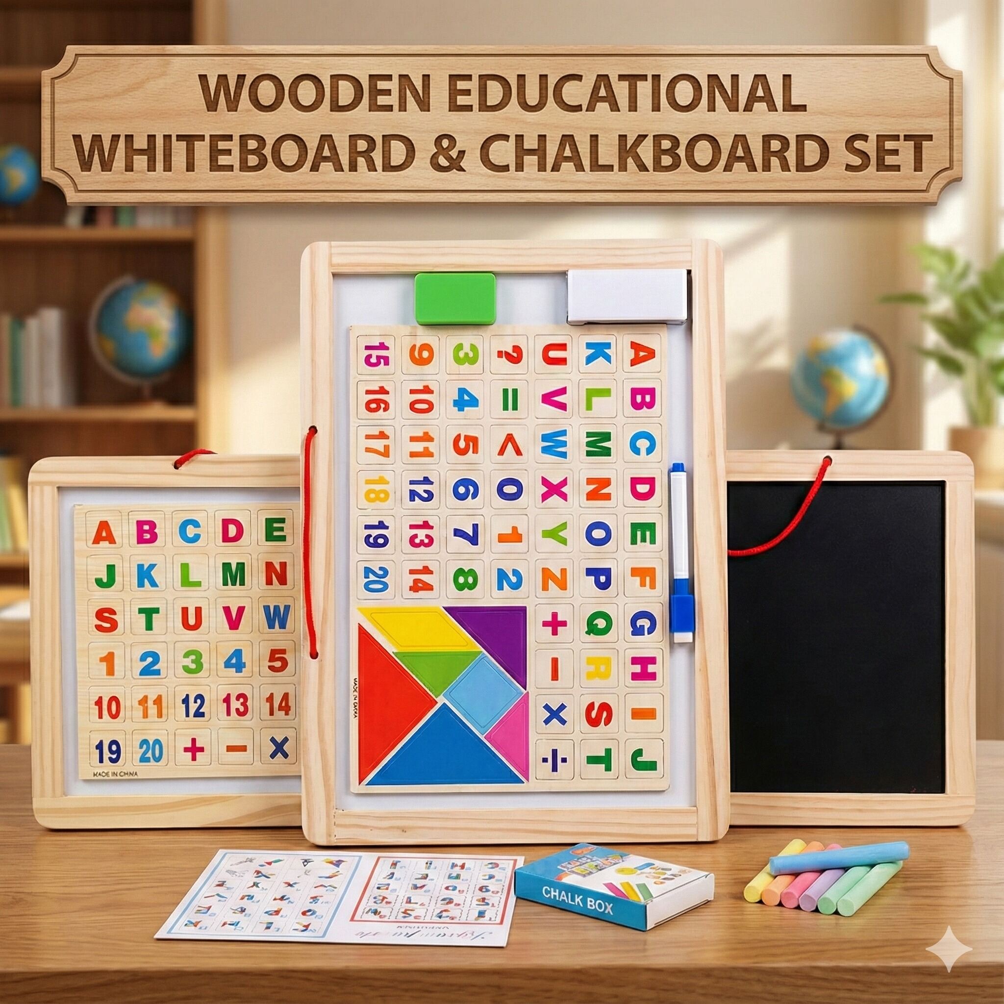 2-in-1 Reversible Wooden Educational Whiteboard & Chalkboard Set with Magnetic Letters & Numbers in two different sizes..