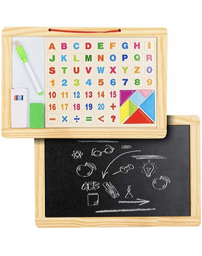 2-in-1 Reversible Wooden Educational Whiteboard & Chalkboard Set with Magnetic Letters & Numbers in two different sizes..