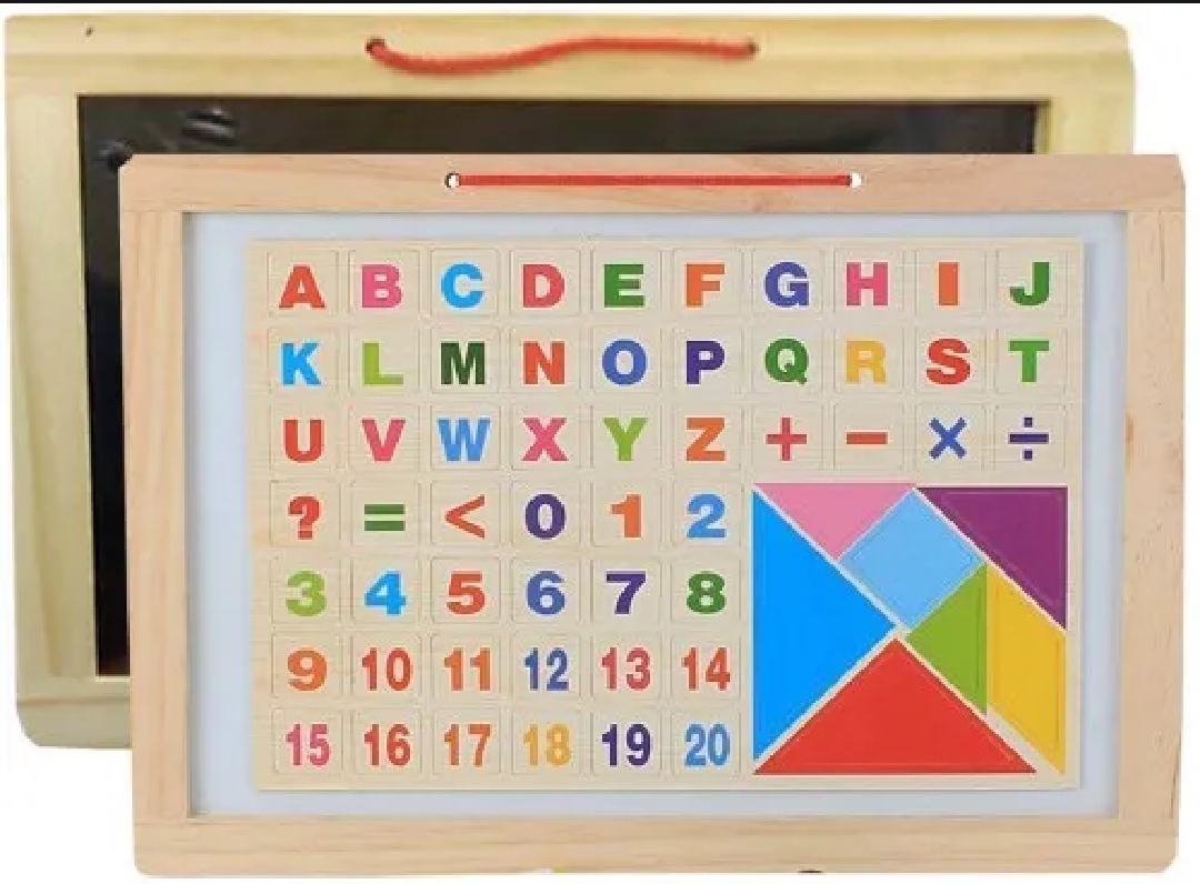 2-in-1 Reversible Wooden Educational Whiteboard & Chalkboard Set with Magnetic Letters & Numbers in two different sizes..