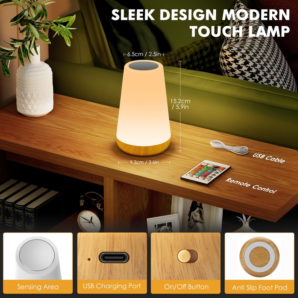 LED Touch Bedside Table Ambiance Lamp – 13 RGB Colours, 5 Brightness Levels, Rechargeable Night Light with Remote (Natural Wood look)