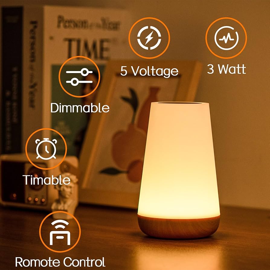 LED Touch Bedside Table Ambiance Lamp – 13 RGB Colours, 5 Brightness Levels, Rechargeable Night Light with Remote (Natural Wood look)